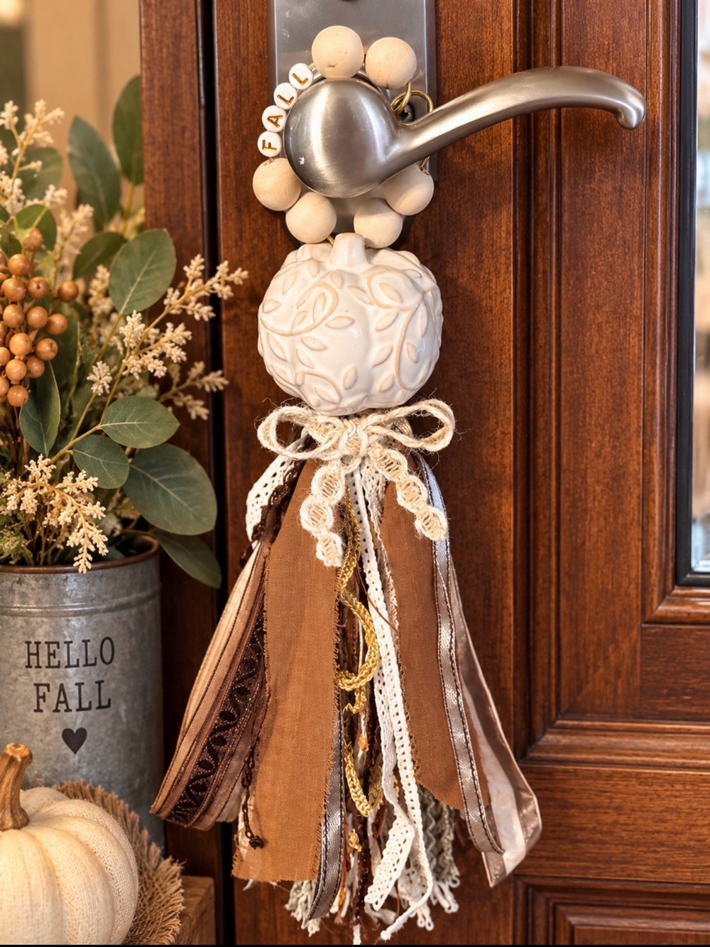 Decorative Fall Pumpkin Tassel Door Hanger - Neutral Brown & Cream